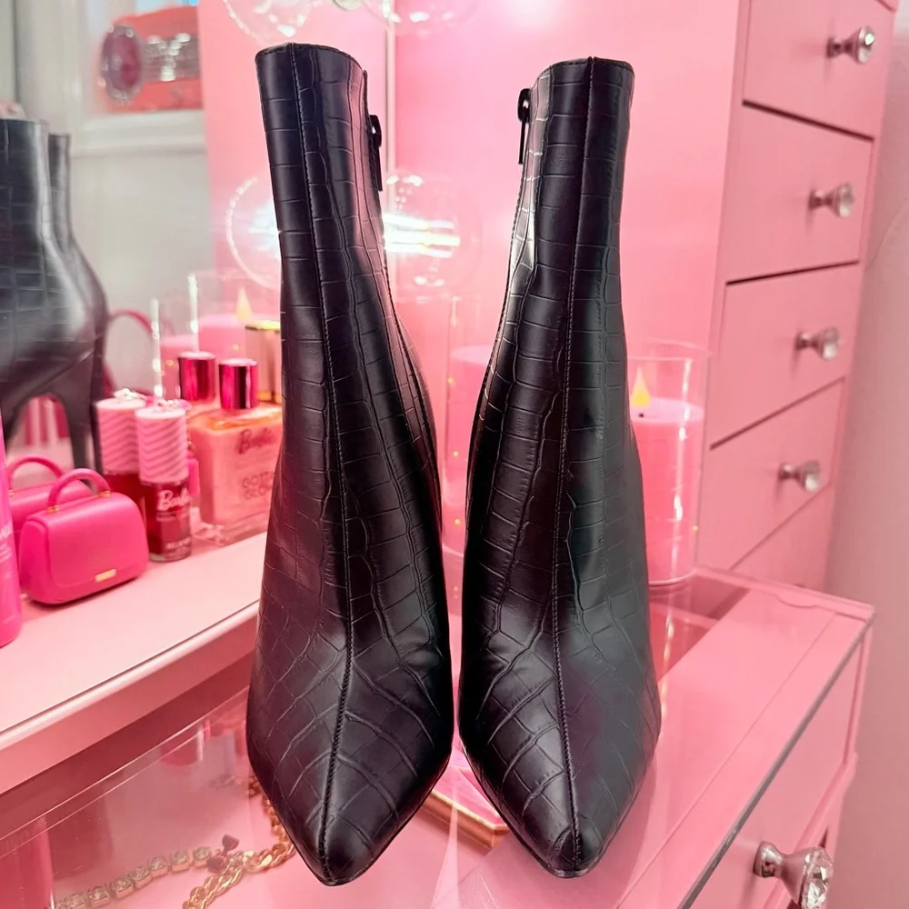 Black Croc-Embossed Stiletto Ankle Boots